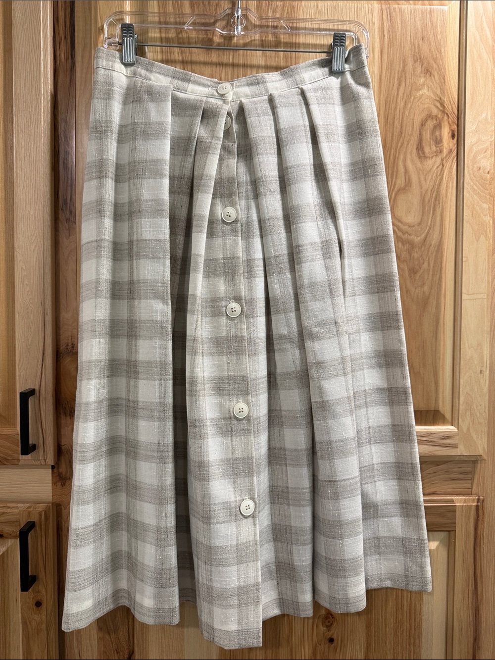 Vintage Sz 14 Binder Sportswear Pleated Button Plaid Midi Skirt Beige Cream